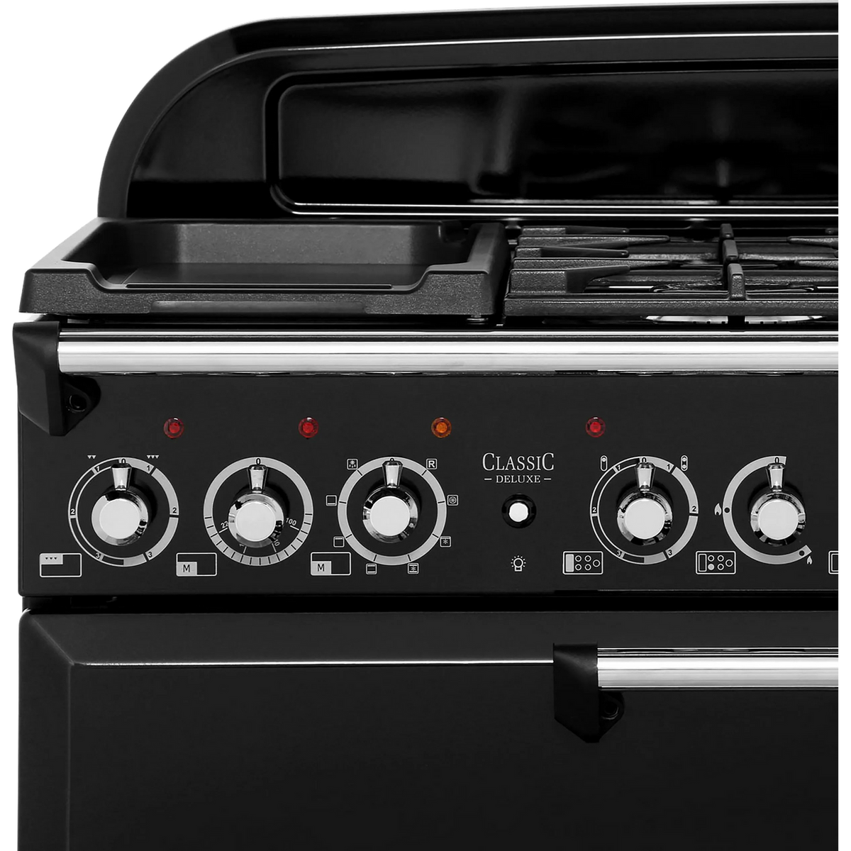 Rangemaster Classic Deluxe CDL110DFFBL-C 110cm Dual Fuel Range Cooker - Black - Chrome - A-A Rated