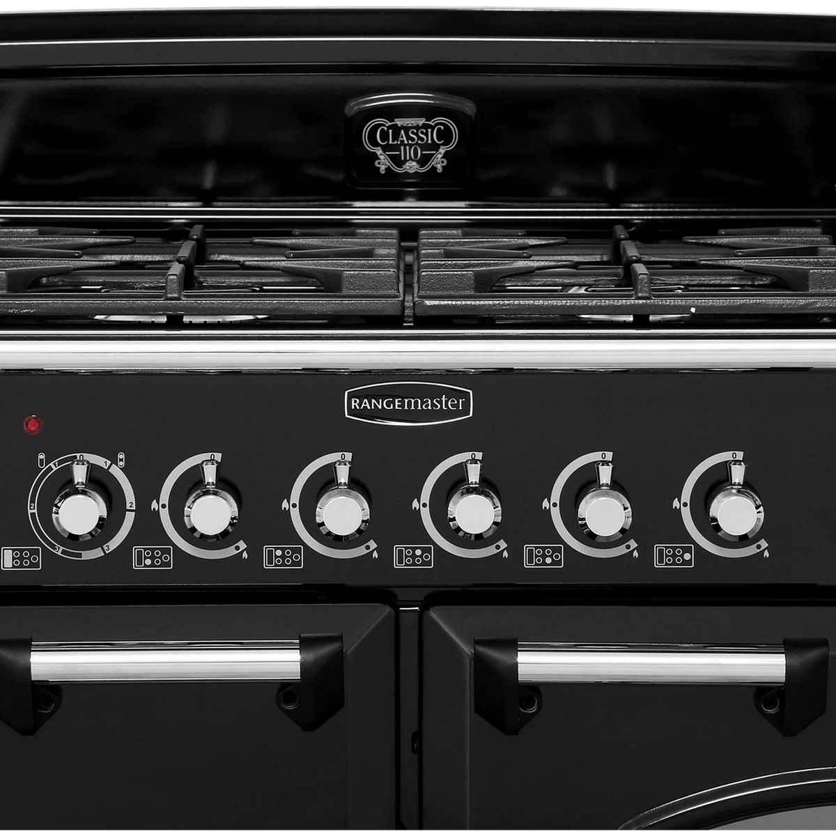 Rangemaster Classic Deluxe CDL110DFFBL-C 110cm Dual Fuel Range Cooker - Black - Chrome - A-A Rated