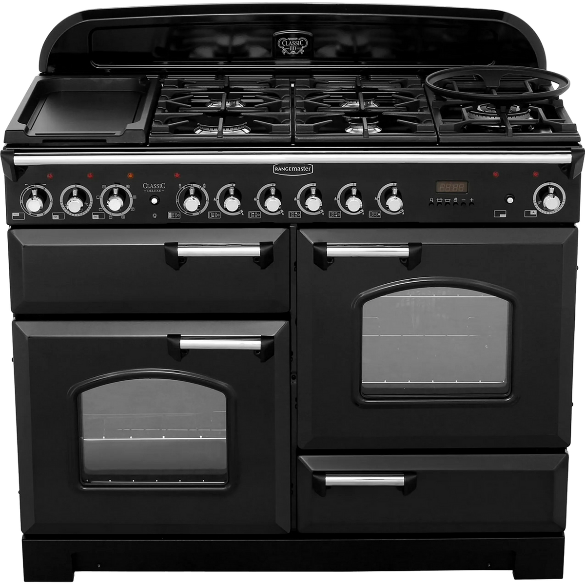 Rangemaster Classic Deluxe CDL110DFFBL-C 110cm Dual Fuel Range Cooker - Black - Chrome - A-A Rated