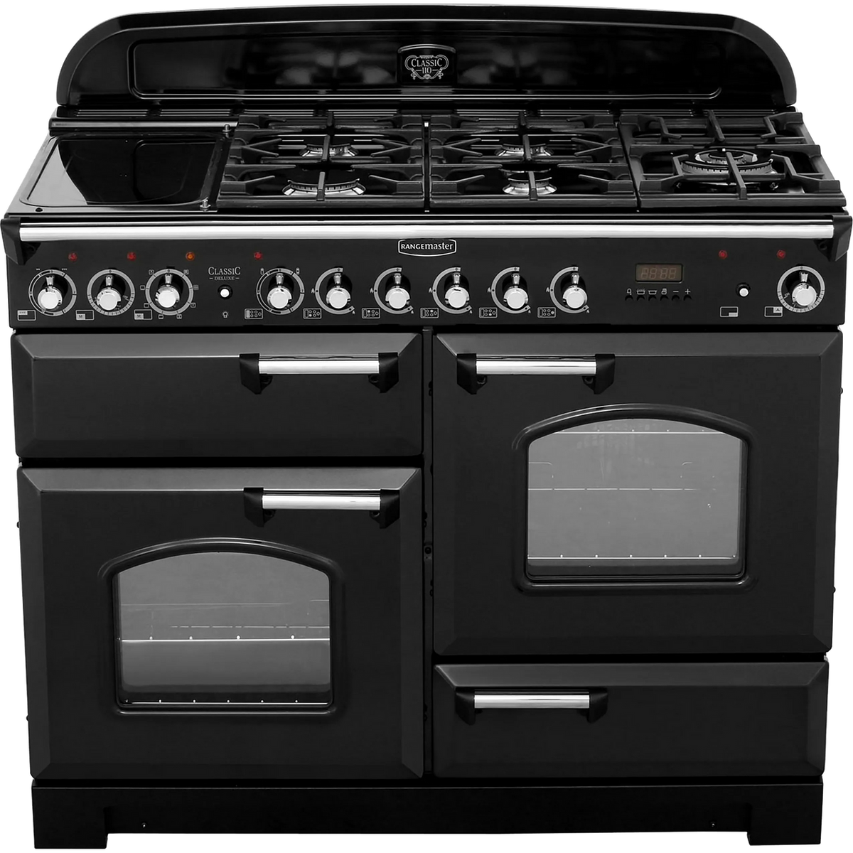 Rangemaster Classic Deluxe CDL110DFFBL-C 110cm Dual Fuel Range Cooker - Black - Chrome - A-A Rated