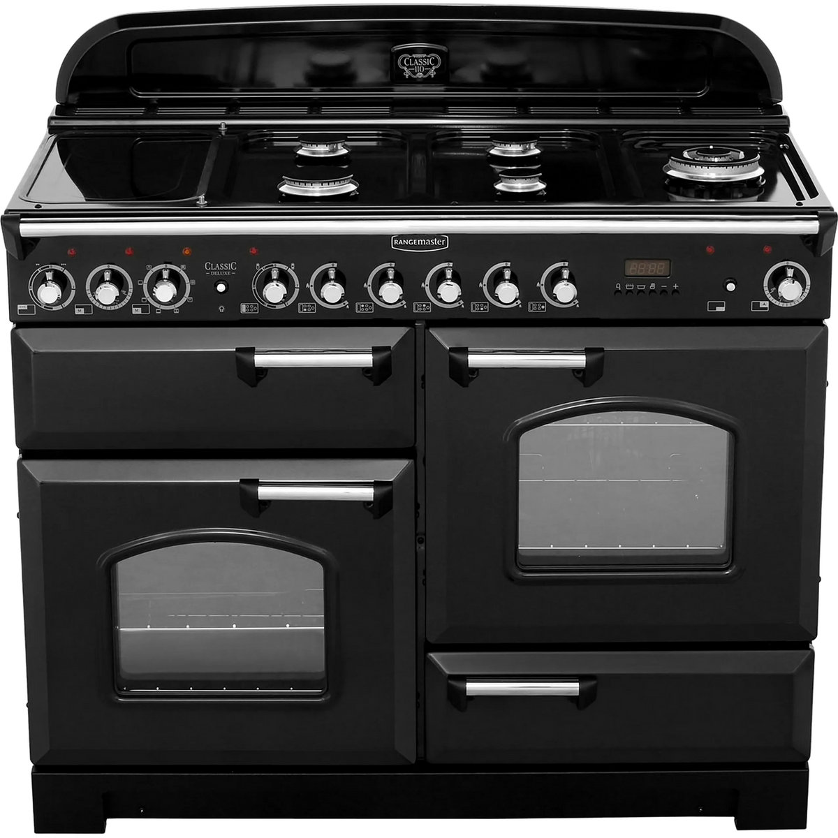 Rangemaster Classic Deluxe CDL110DFFBL-C 110cm Dual Fuel Range Cooker - Black - Chrome - A-A Rated