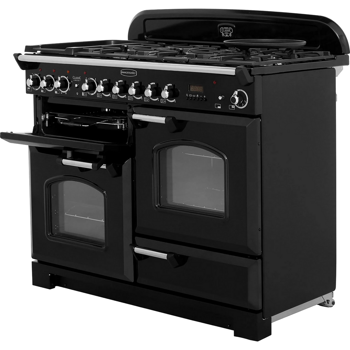 Rangemaster Classic Deluxe CDL110DFFBL-C 110cm Dual Fuel Range Cooker - Black - Chrome - A-A Rated