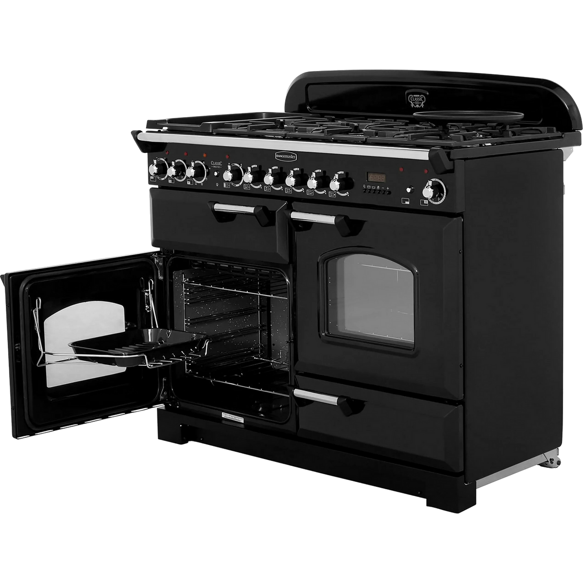 Rangemaster Classic Deluxe CDL110DFFBL-C 110cm Dual Fuel Range Cooker - Black - Chrome - A-A Rated