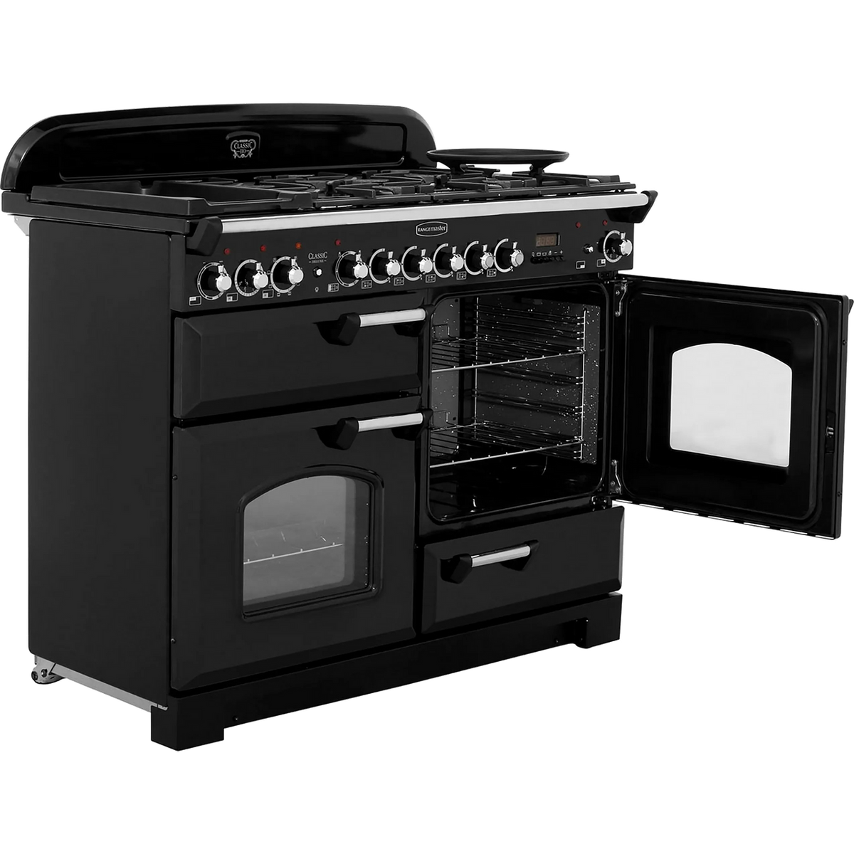 Rangemaster Classic Deluxe CDL110DFFBL-C 110cm Dual Fuel Range Cooker - Black - Chrome - A-A Rated