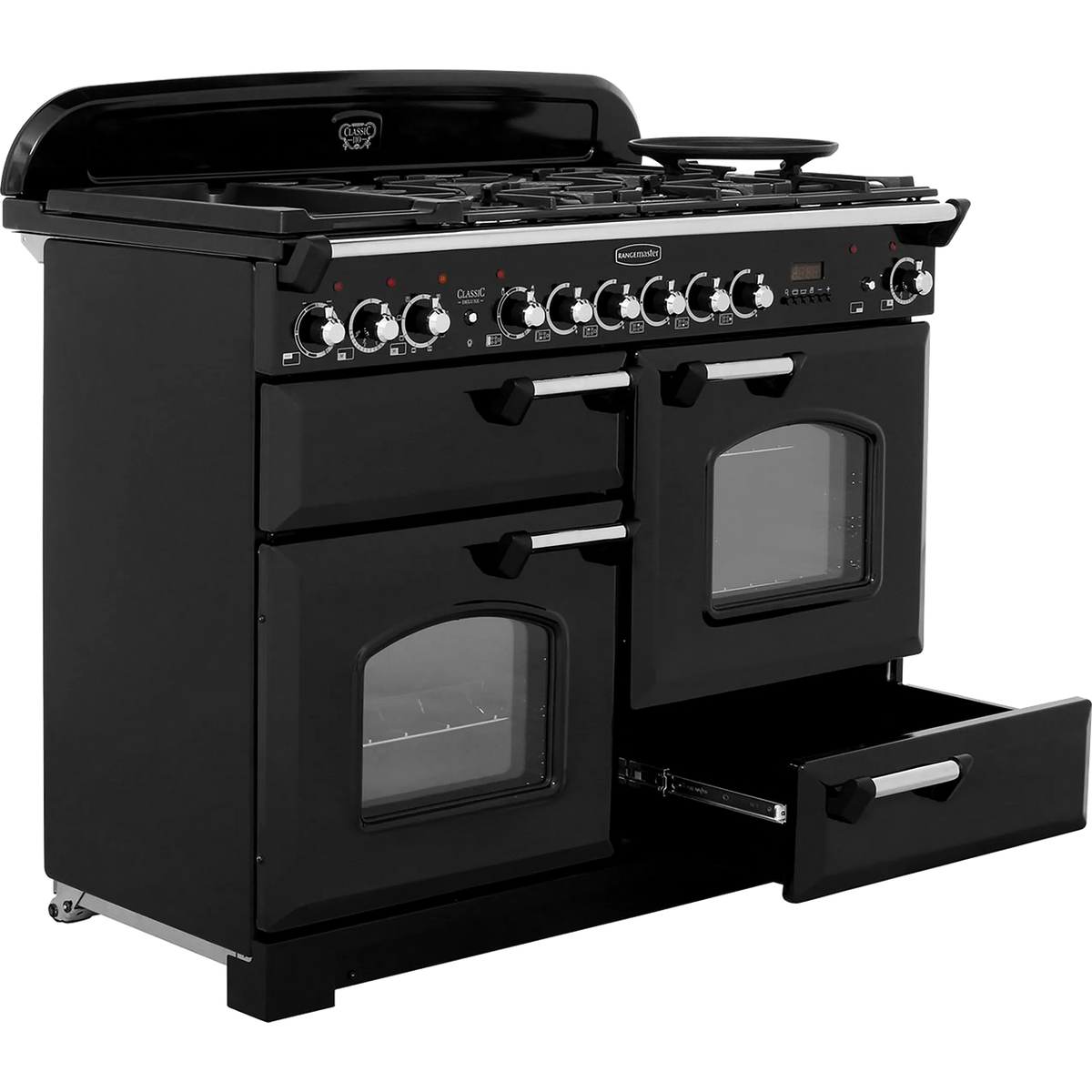 Rangemaster Classic Deluxe CDL110DFFBL-C 110cm Dual Fuel Range Cooker - Black - Chrome - A-A Rated