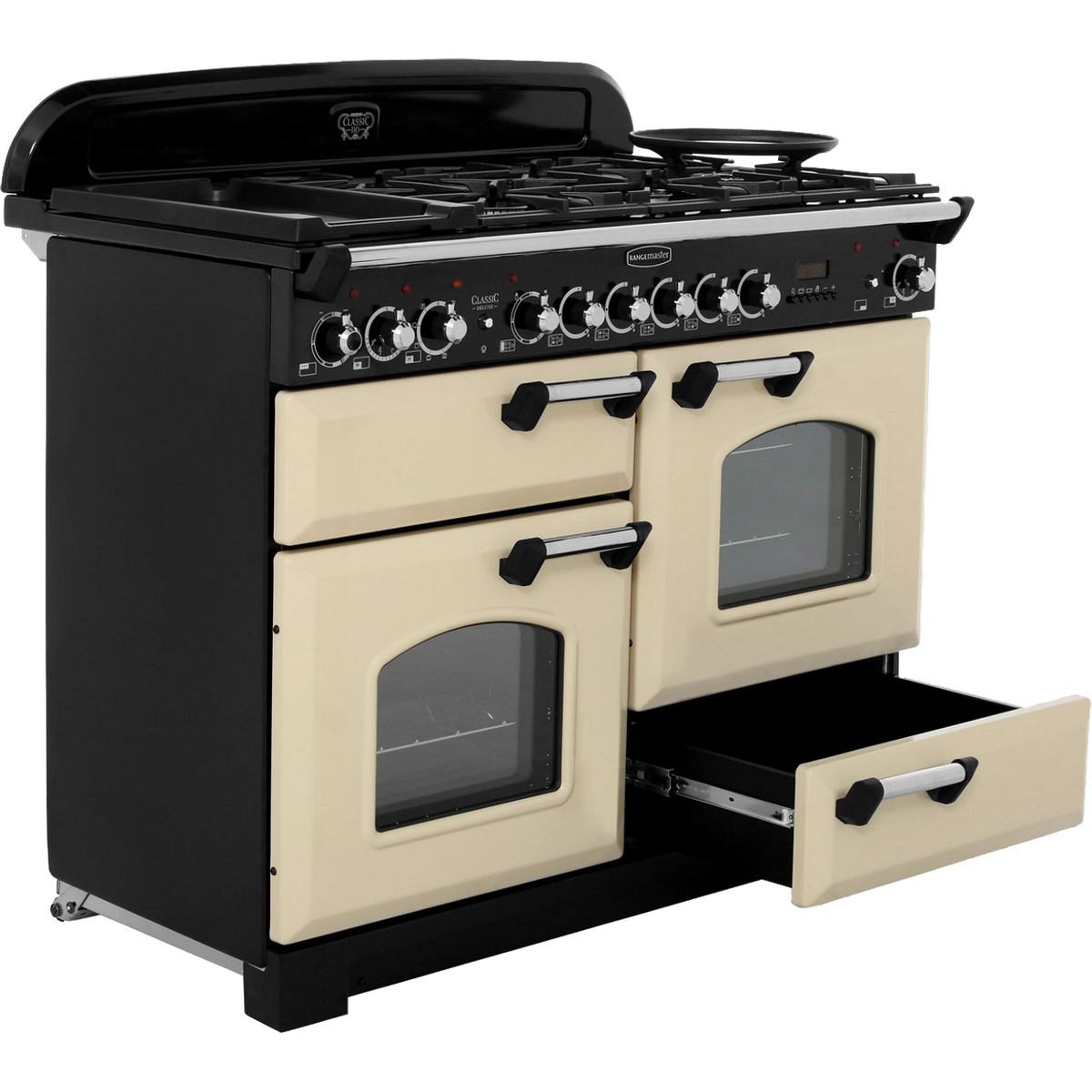 Rangemaster Classic Deluxe CDL110DFFCR-C 110cm Dual Fuel Range Cooker - Cream - Chrome - A-A Rated