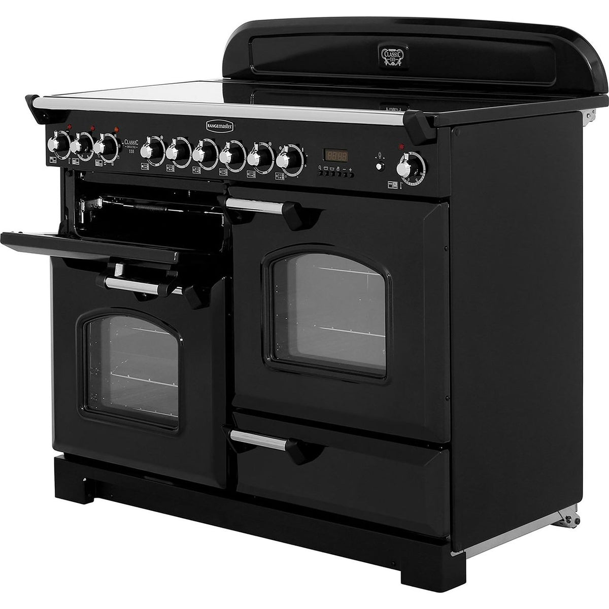 Rangemaster Classic Deluxe CDL110ECBL-C 110cm Electric Range Cooker with Ceramic Hob - Black - Chrome - A-A Rated