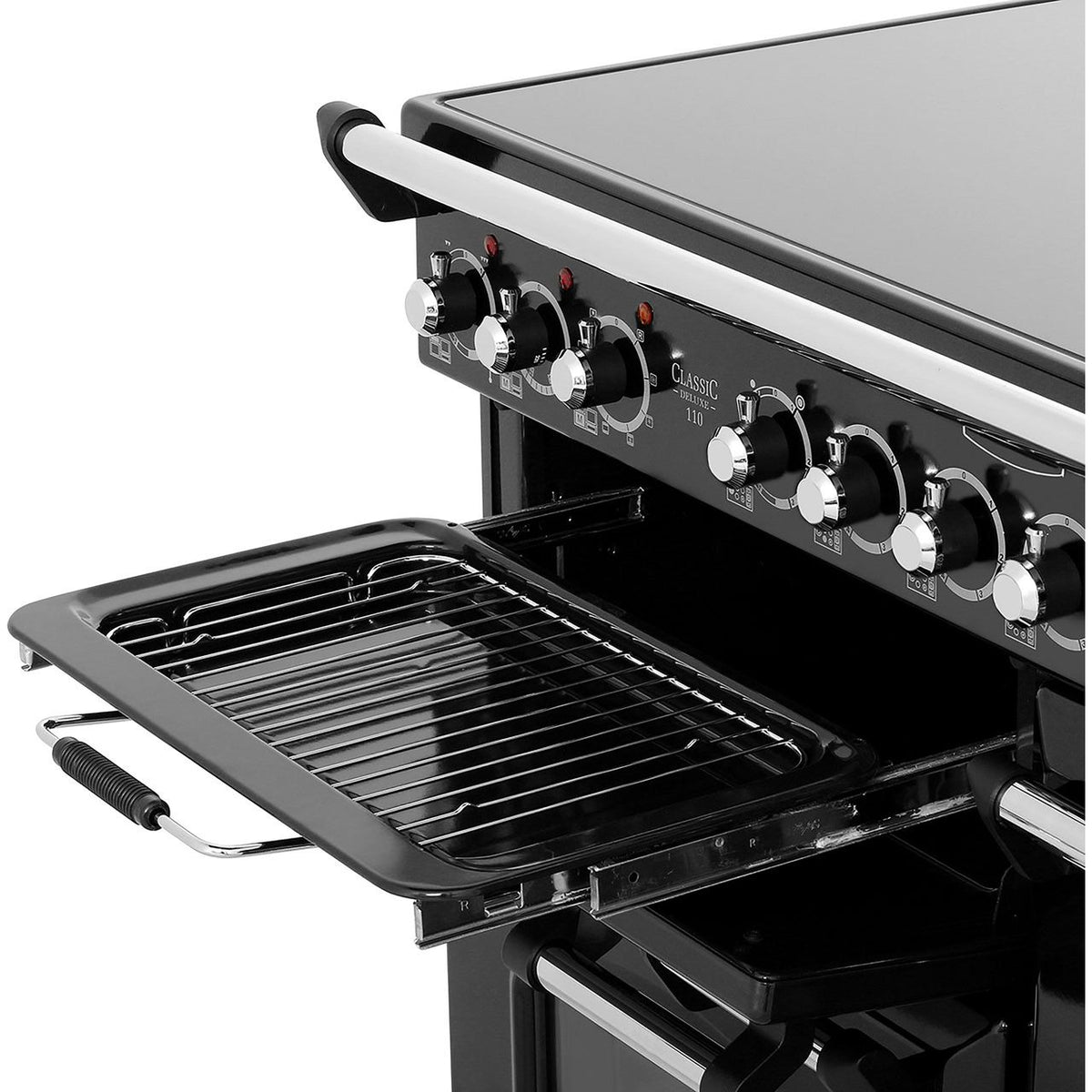 Rangemaster Classic Deluxe CDL110ECBL-C 110cm Electric Range Cooker with Ceramic Hob - Black - Chrome - A-A Rated