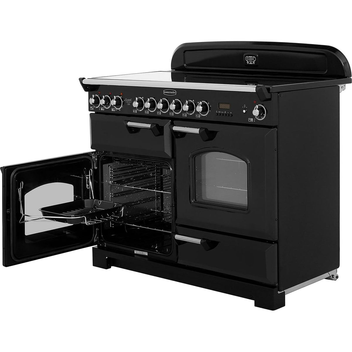 Rangemaster Classic Deluxe CDL110ECBL-C 110cm Electric Range Cooker with Ceramic Hob - Black - Chrome - A-A Rated