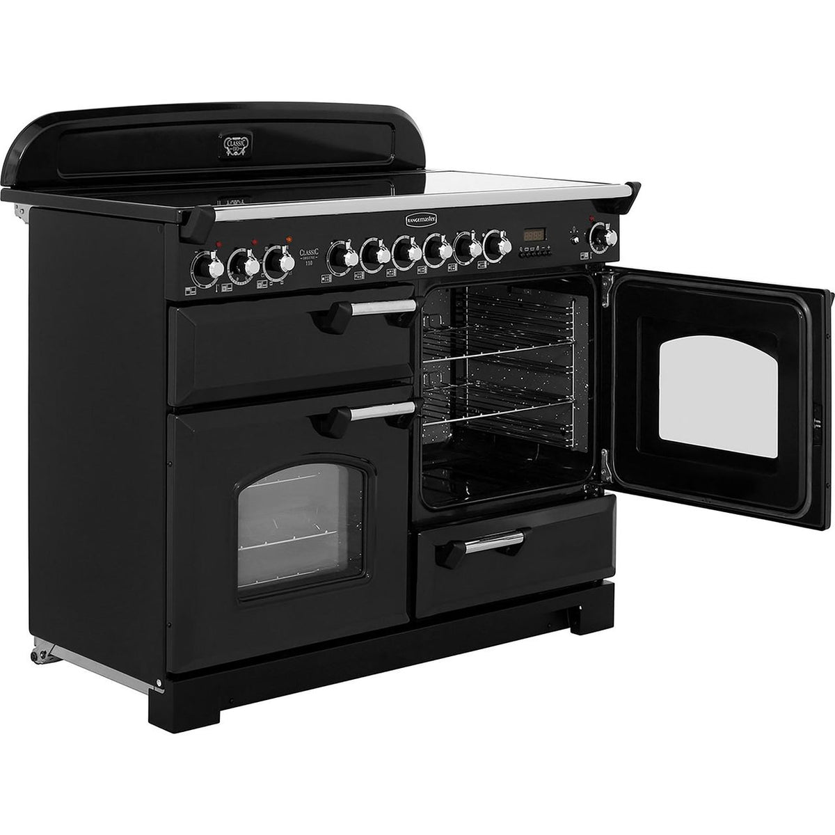 Rangemaster Classic Deluxe CDL110ECBL-C 110cm Electric Range Cooker with Ceramic Hob - Black - Chrome - A-A Rated