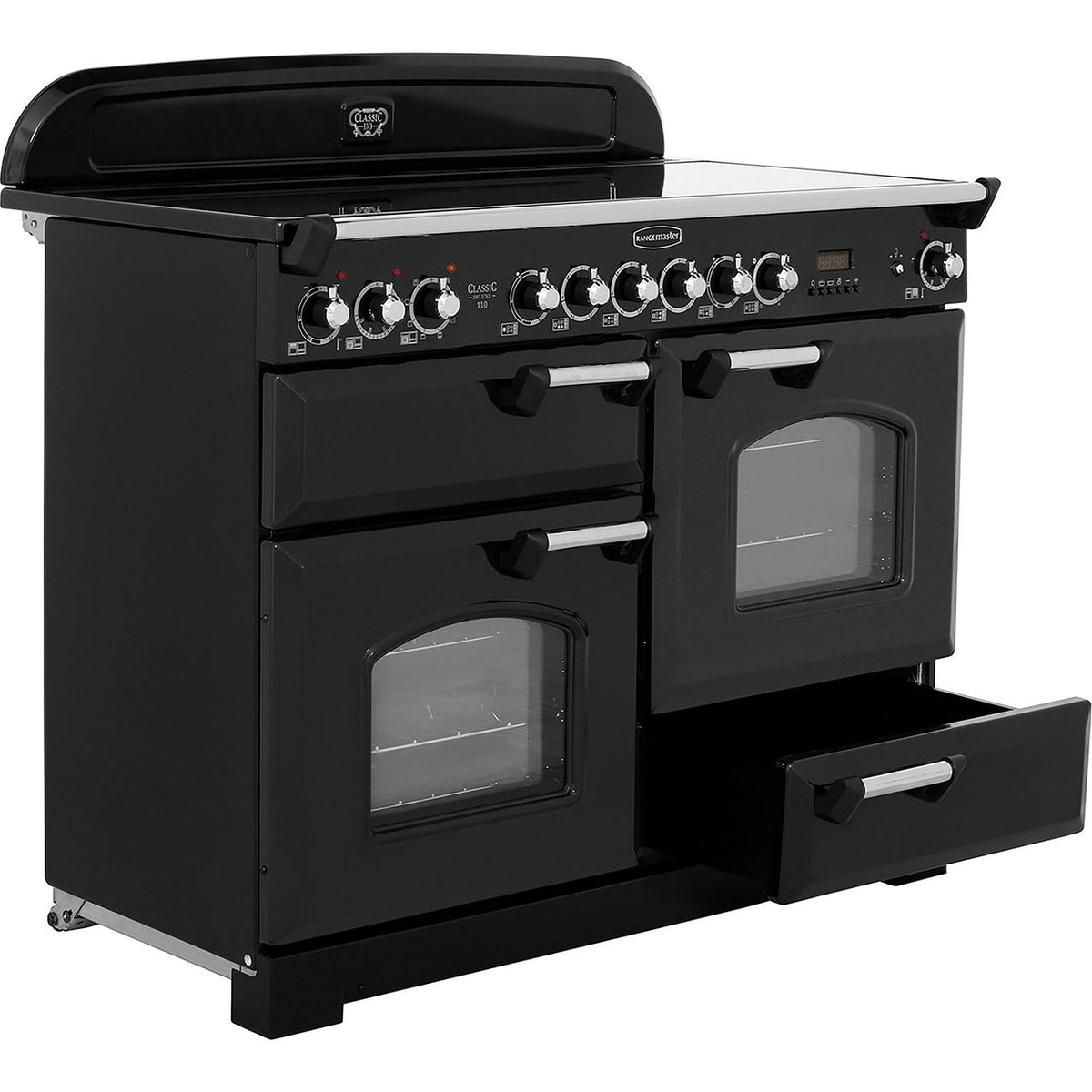 Rangemaster Classic Deluxe CDL110ECBL-C 110cm Electric Range Cooker with Ceramic Hob - Black - Chrome - A-A Rated