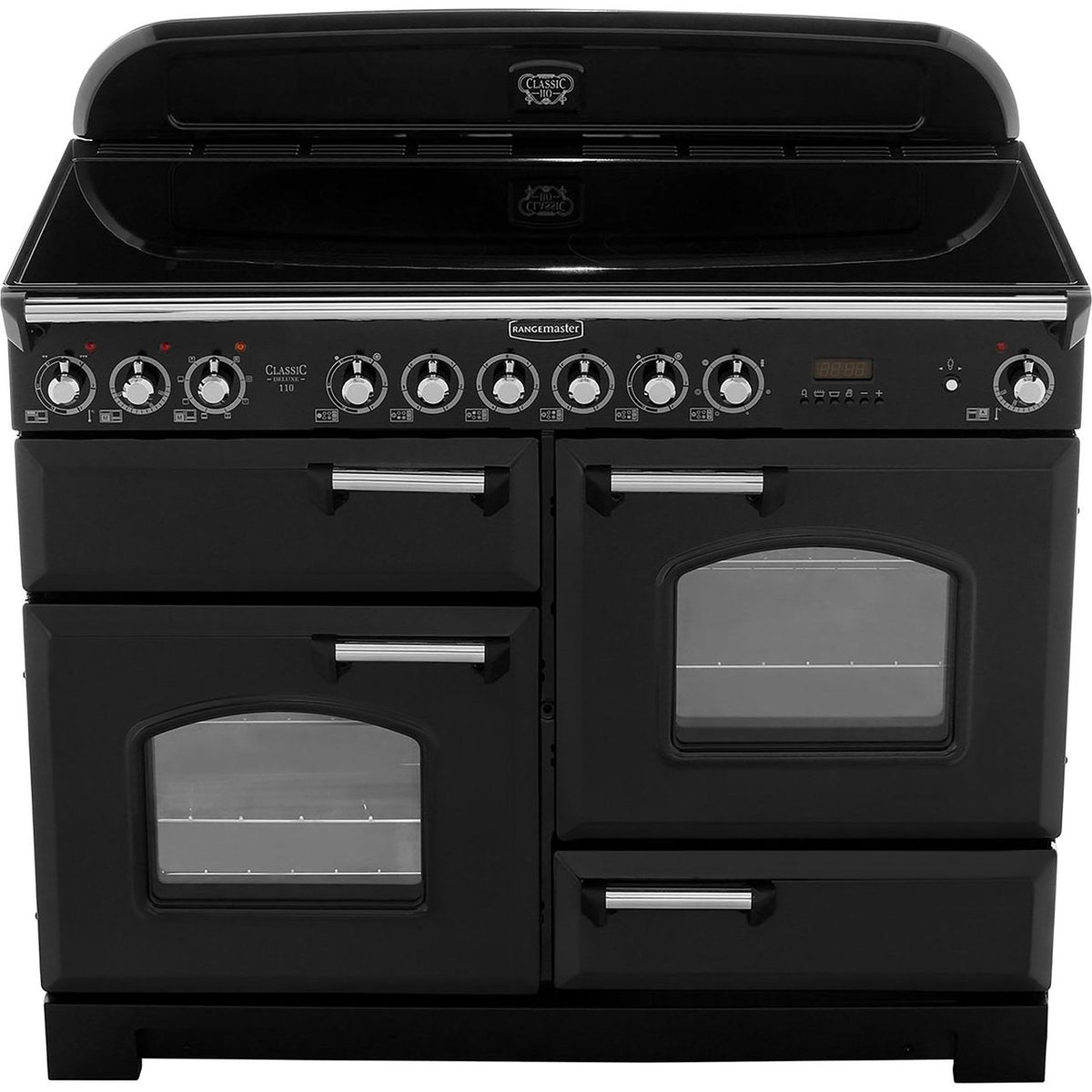 Rangemaster Classic Deluxe CDL110ECBL-C 110cm Electric Range Cooker with Ceramic Hob - Black - Chrome - A-A Rated