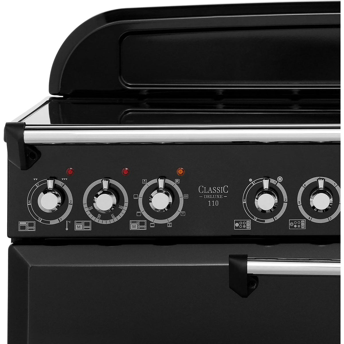 Rangemaster Classic Deluxe CDL110ECBL-C 110cm Electric Range Cooker with Ceramic Hob - Black - Chrome - A-A Rated