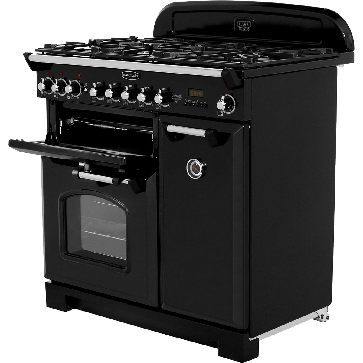 Rangemaster Classic Deluxe CDL90DFFBL-C 90cm Dual Fuel Range Cooker - Black - Chrome - A-A Rated