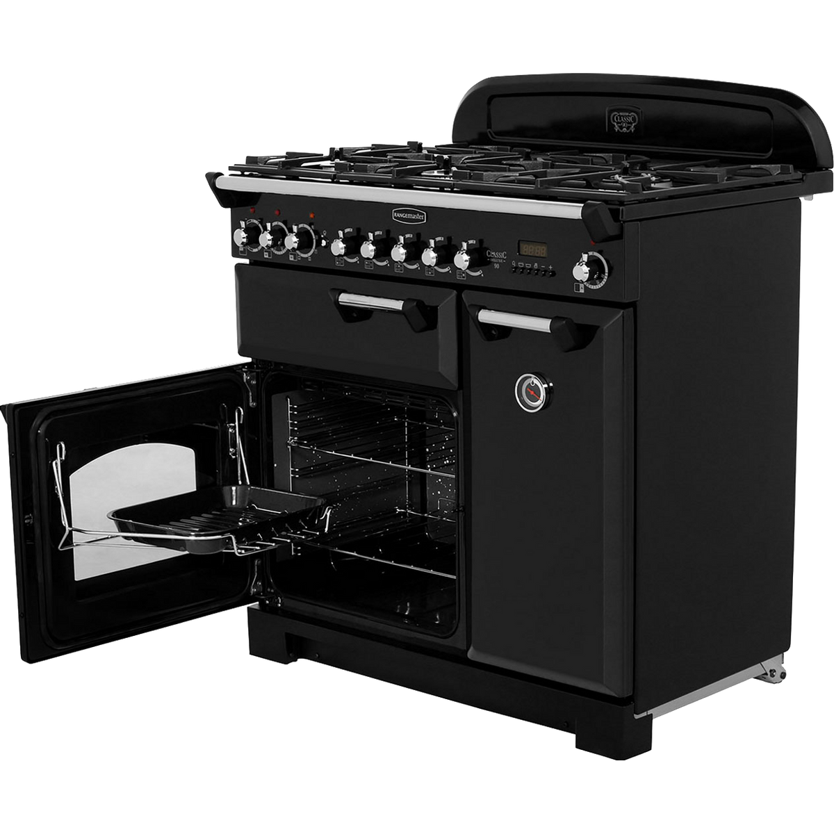 Rangemaster Classic Deluxe CDL90DFFBL-C 90cm Dual Fuel Range Cooker - Black - Chrome - A-A Rated