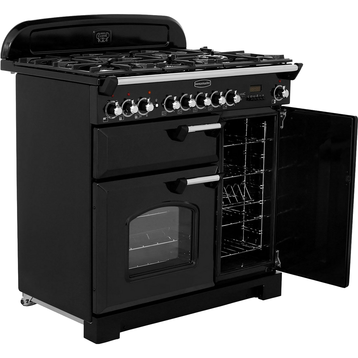 Rangemaster Classic Deluxe CDL90DFFBL-C 90cm Dual Fuel Range Cooker - Black - Chrome - A-A Rated