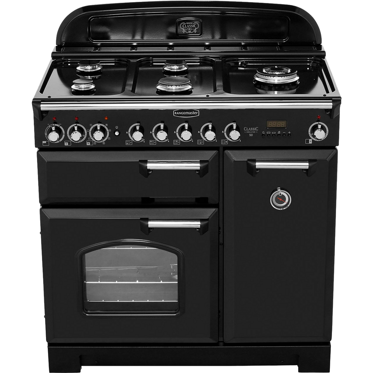 Rangemaster Classic Deluxe CDL90DFFBL-C 90cm Dual Fuel Range Cooker - Black - Chrome - A-A Rated