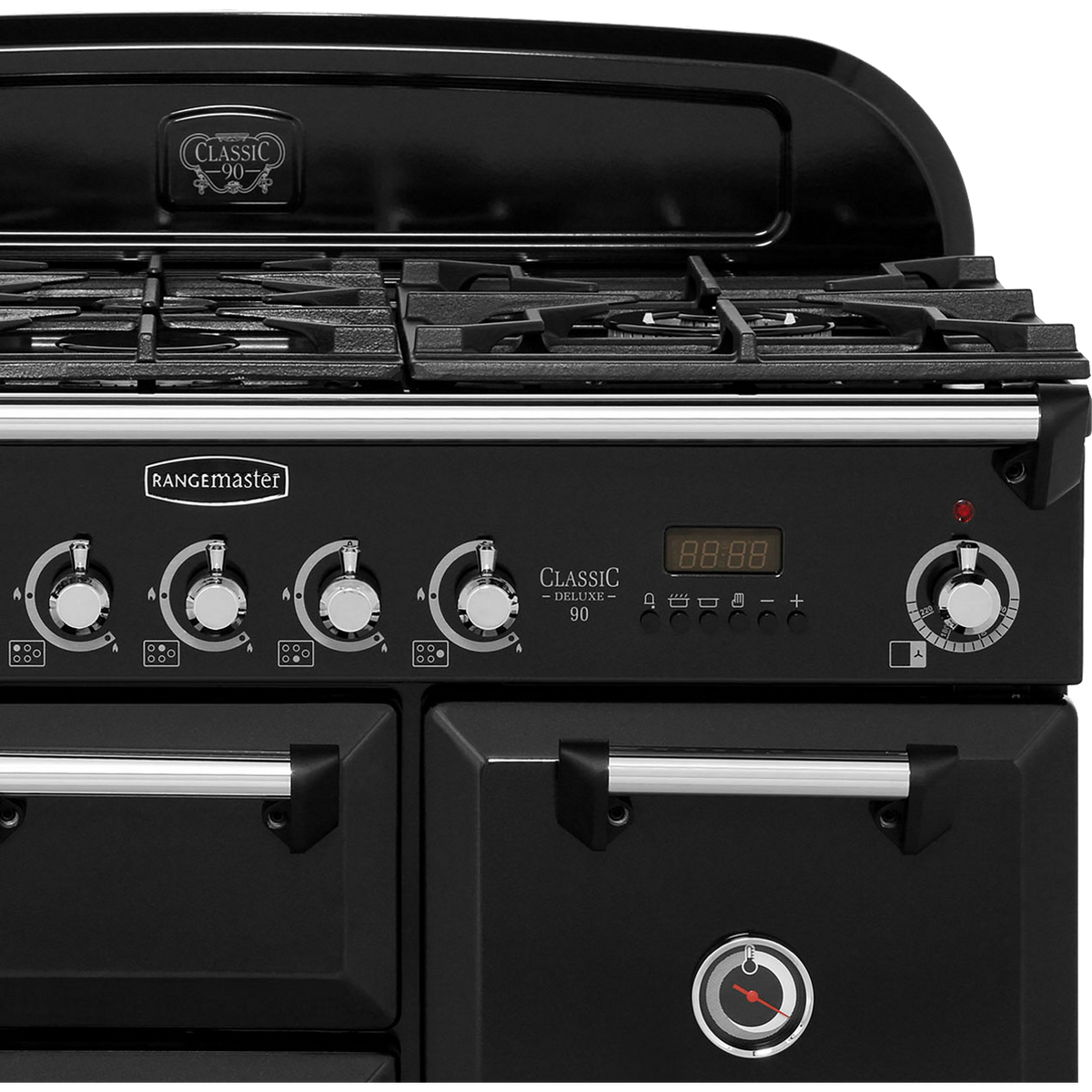 Rangemaster Classic Deluxe CDL90DFFBL-C 90cm Dual Fuel Range Cooker - Black - Chrome - A-A Rated