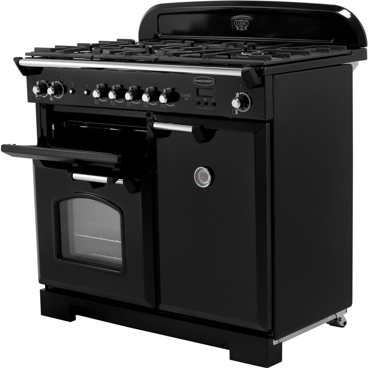 Rangemaster Classic CLA100DFFBL-C 100cm Dual Fuel Range Cooker - Black - Chrome - A-A Rated