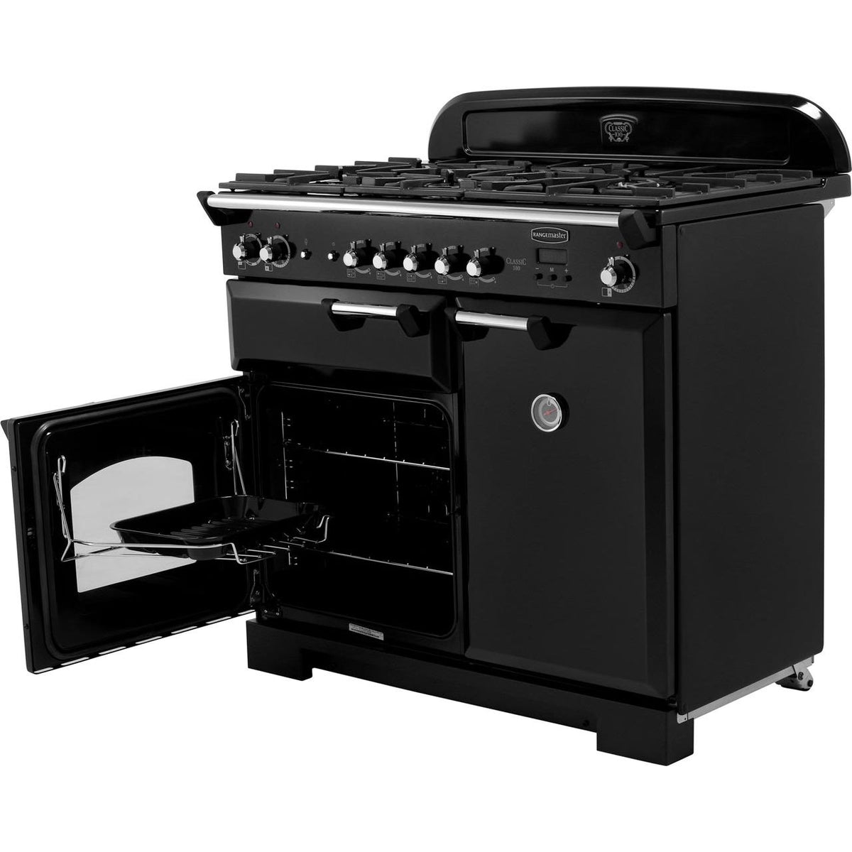 Rangemaster Classic CLA100DFFBL-C 100cm Dual Fuel Range Cooker - Black - Chrome - A-A Rated