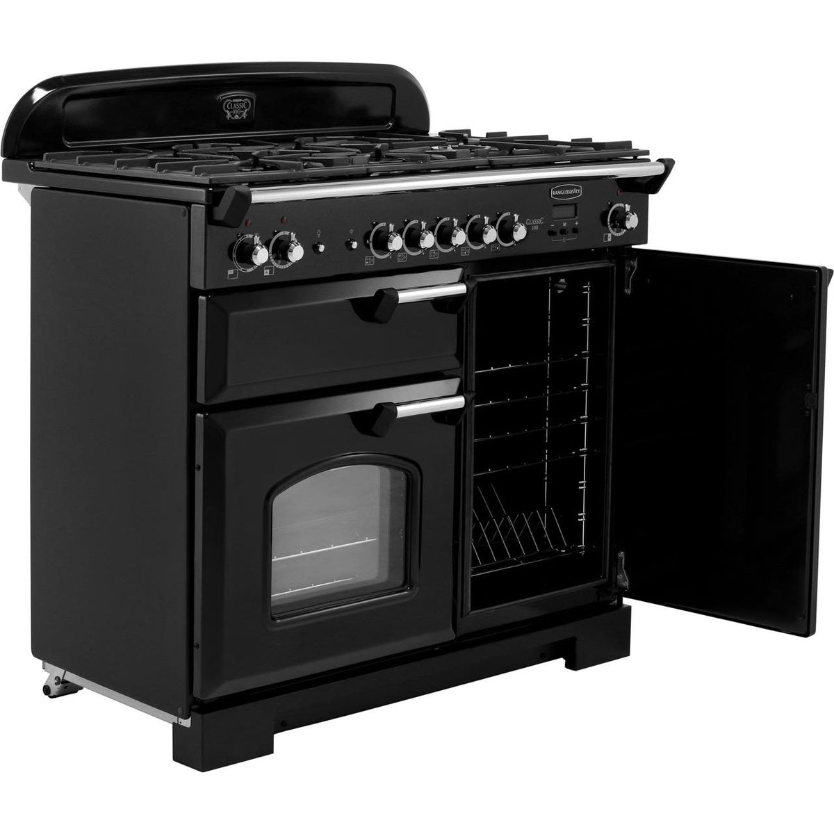 Rangemaster Classic CLA100DFFBL-C 100cm Dual Fuel Range Cooker - Black - Chrome - A-A Rated