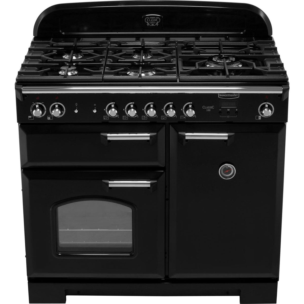 Rangemaster Classic CLA100DFFBL-C 100cm Dual Fuel Range Cooker - Black - Chrome - A-A Rated