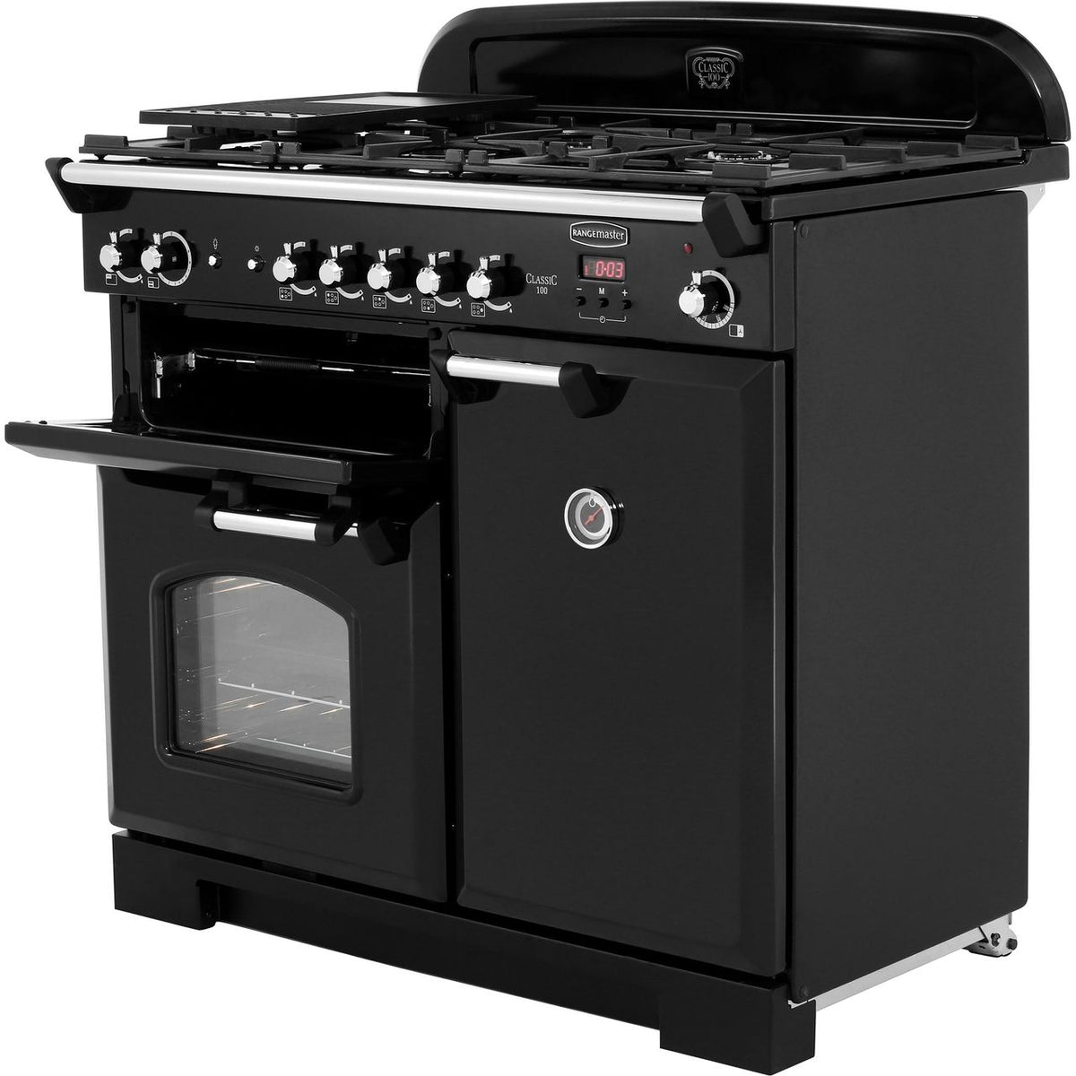 Rangemaster Classic CLA100NGFBL-C 100cm Gas Range Cooker with Electric Fan Oven - Black - Chrome - A+-A Rated