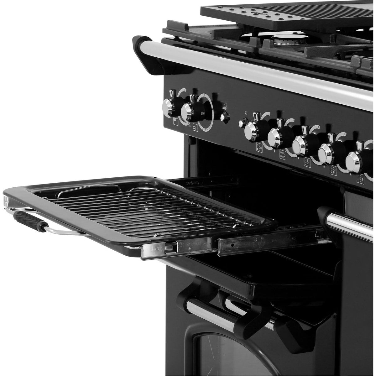 Rangemaster Classic CLA100NGFBL-C 100cm Gas Range Cooker with Electric Fan Oven - Black - Chrome - A+-A Rated