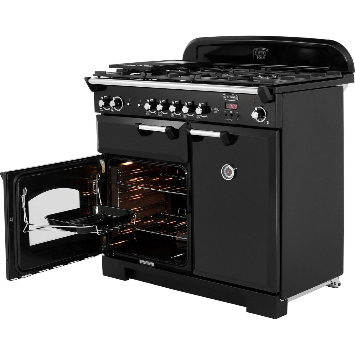 Rangemaster Classic CLA100NGFBL-C 100cm Gas Range Cooker with Electric Fan Oven - Black - Chrome - A+-A Rated