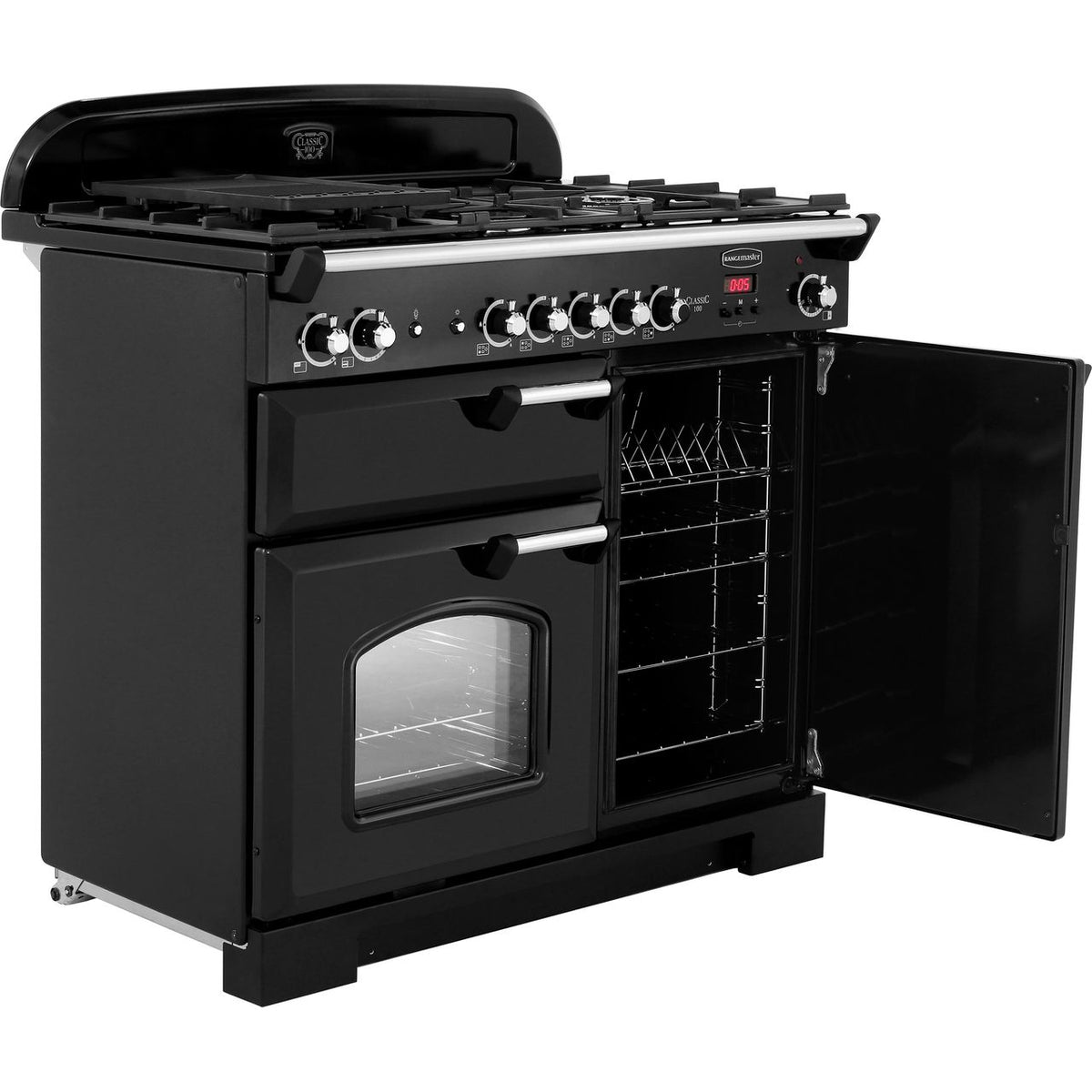 Rangemaster Classic CLA100NGFBL-C 100cm Gas Range Cooker with Electric Fan Oven - Black - Chrome - A+-A Rated