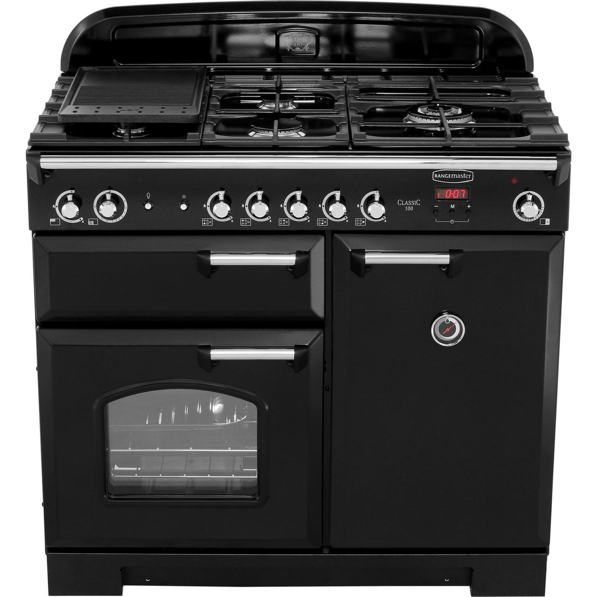 Rangemaster Classic CLA100NGFBL-C 100cm Gas Range Cooker with Electric Fan Oven - Black - Chrome - A+-A Rated