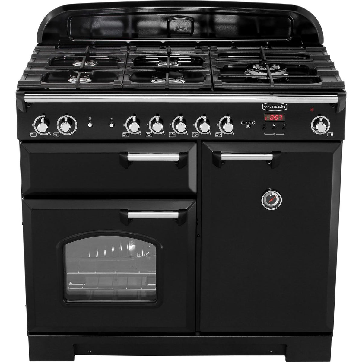 Rangemaster Classic CLA100NGFBL-C 100cm Gas Range Cooker with Electric Fan Oven - Black - Chrome - A+-A Rated