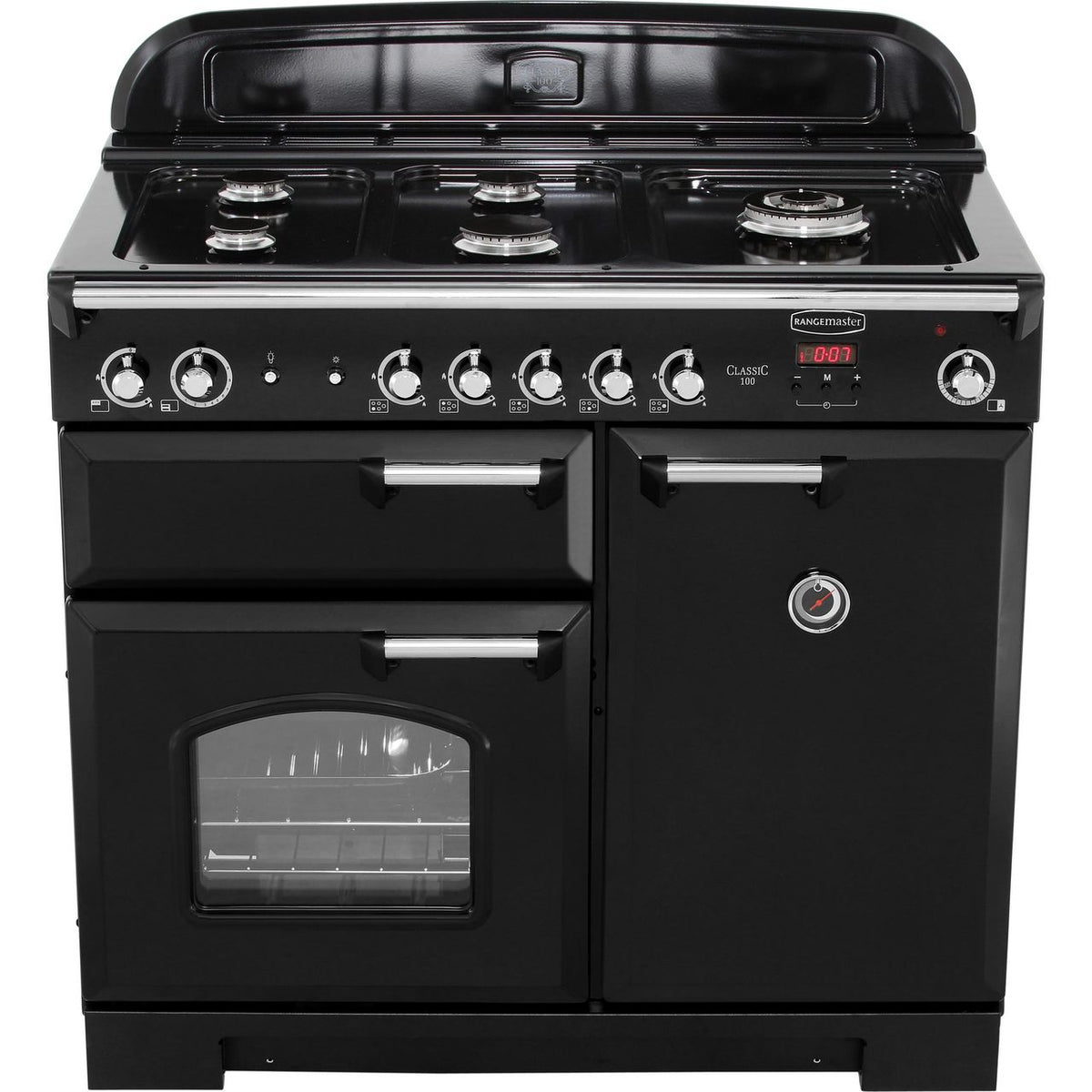 Rangemaster Classic CLA100NGFBL-C 100cm Gas Range Cooker with Electric Fan Oven - Black - Chrome - A+-A Rated