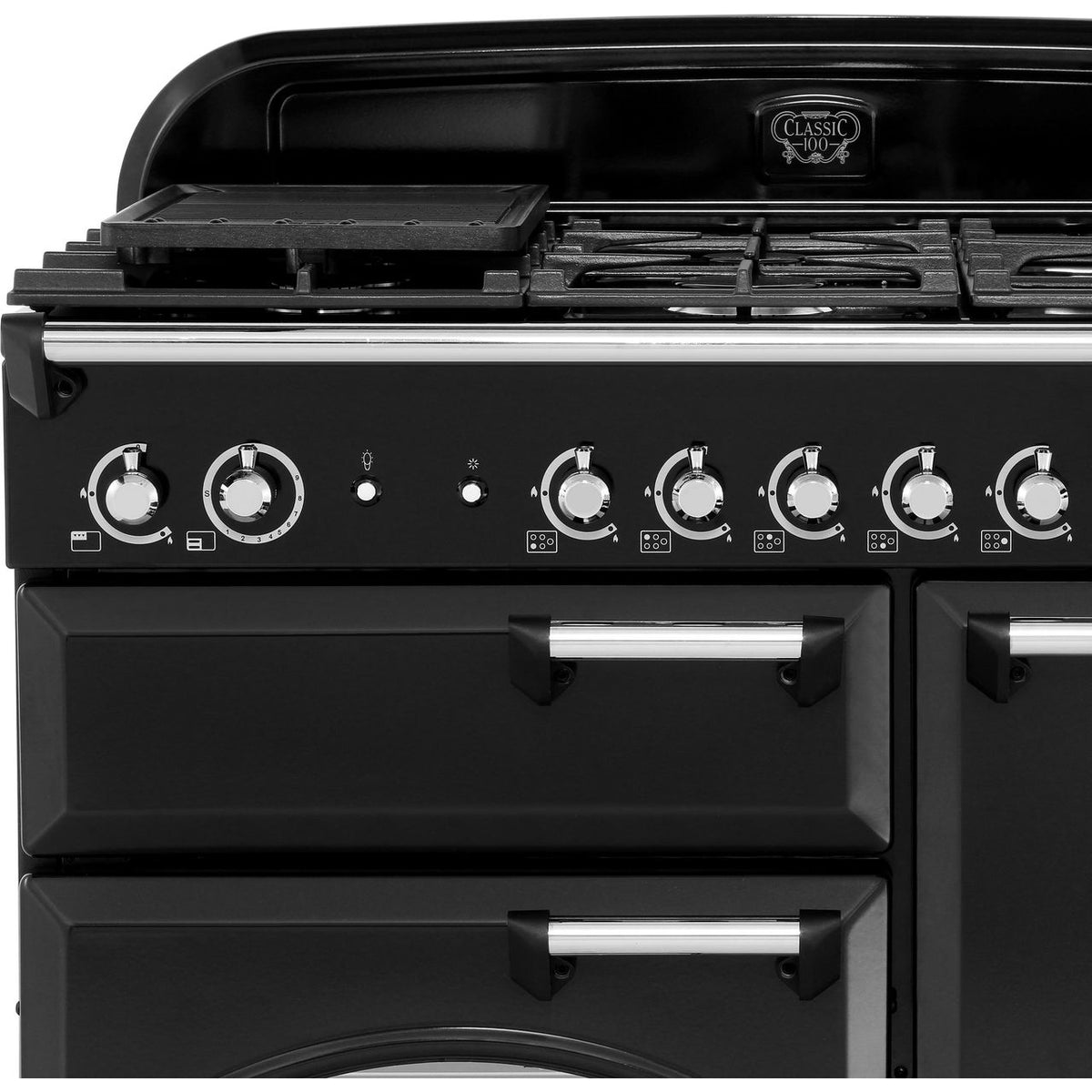 Rangemaster Classic CLA100NGFBL-C 100cm Gas Range Cooker with Electric Fan Oven - Black - Chrome - A+-A Rated