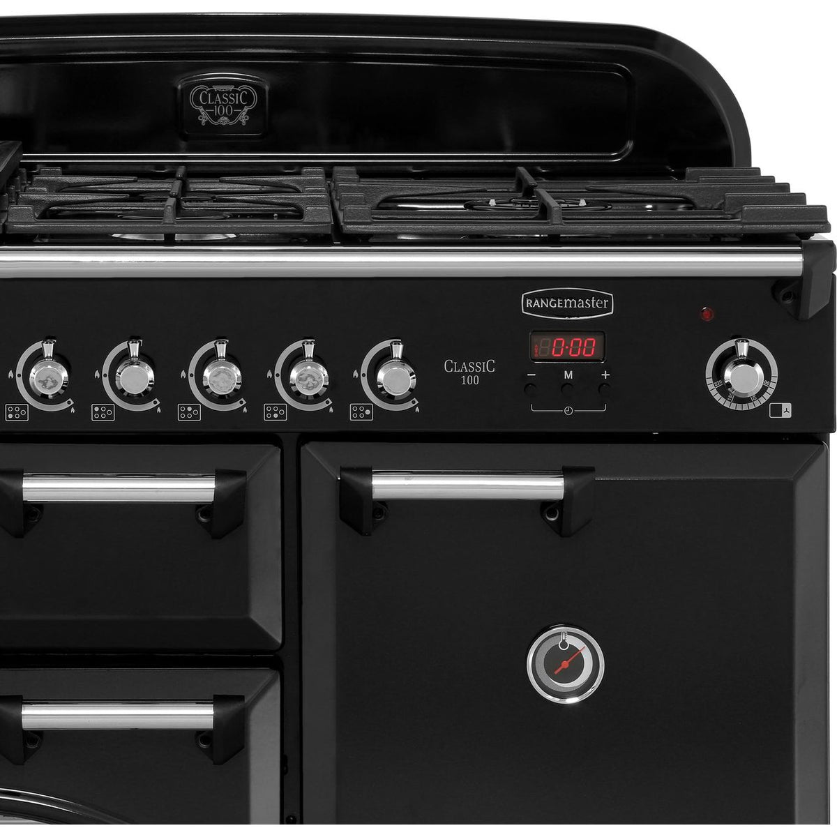 Rangemaster Classic CLA100NGFBL-C 100cm Gas Range Cooker with Electric Fan Oven - Black - Chrome - A+-A Rated