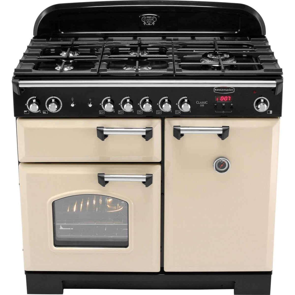 Rangemaster Classic CLA100NGFCR-C 100cm Gas Range Cooker with Electric Fan Oven - Cream - Chrome - A+-A Rated