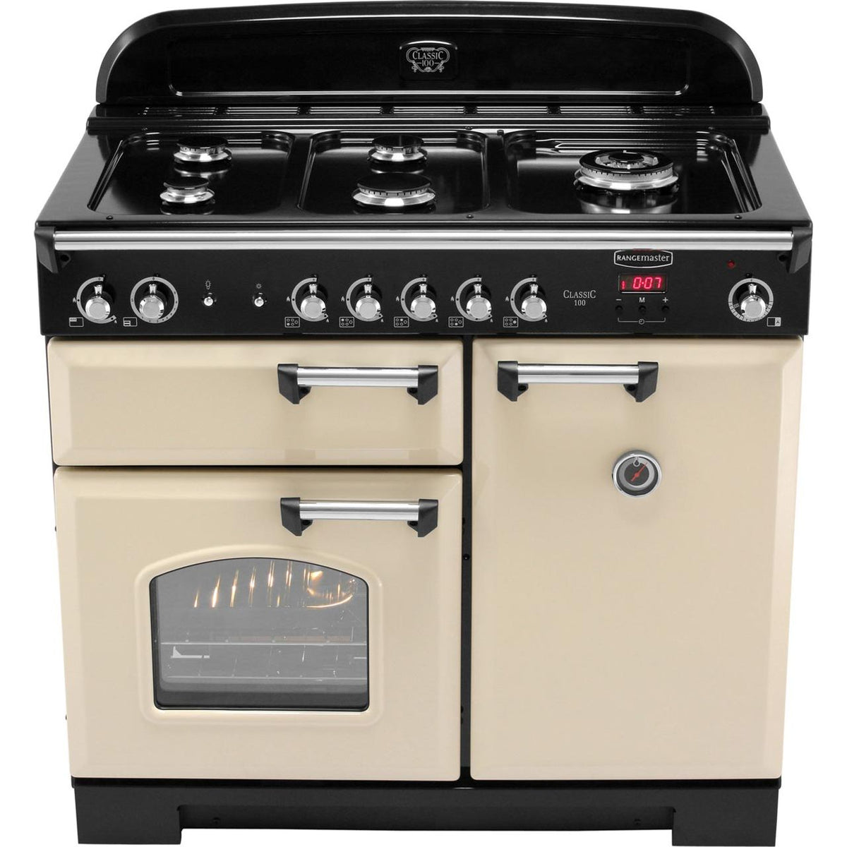 Rangemaster Classic CLA100NGFCR-C 100cm Gas Range Cooker with Electric Fan Oven - Cream - Chrome - A+-A Rated