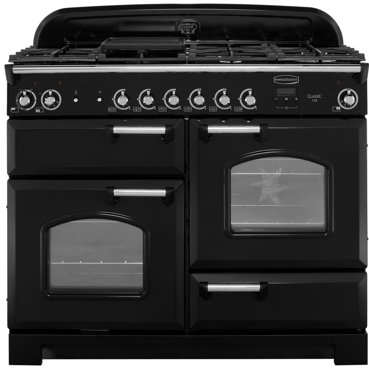 Rangemaster Classic CLA110DFFBL-C 110cm Dual Fuel Range Cooker - Black - Chrome - A-A Rated