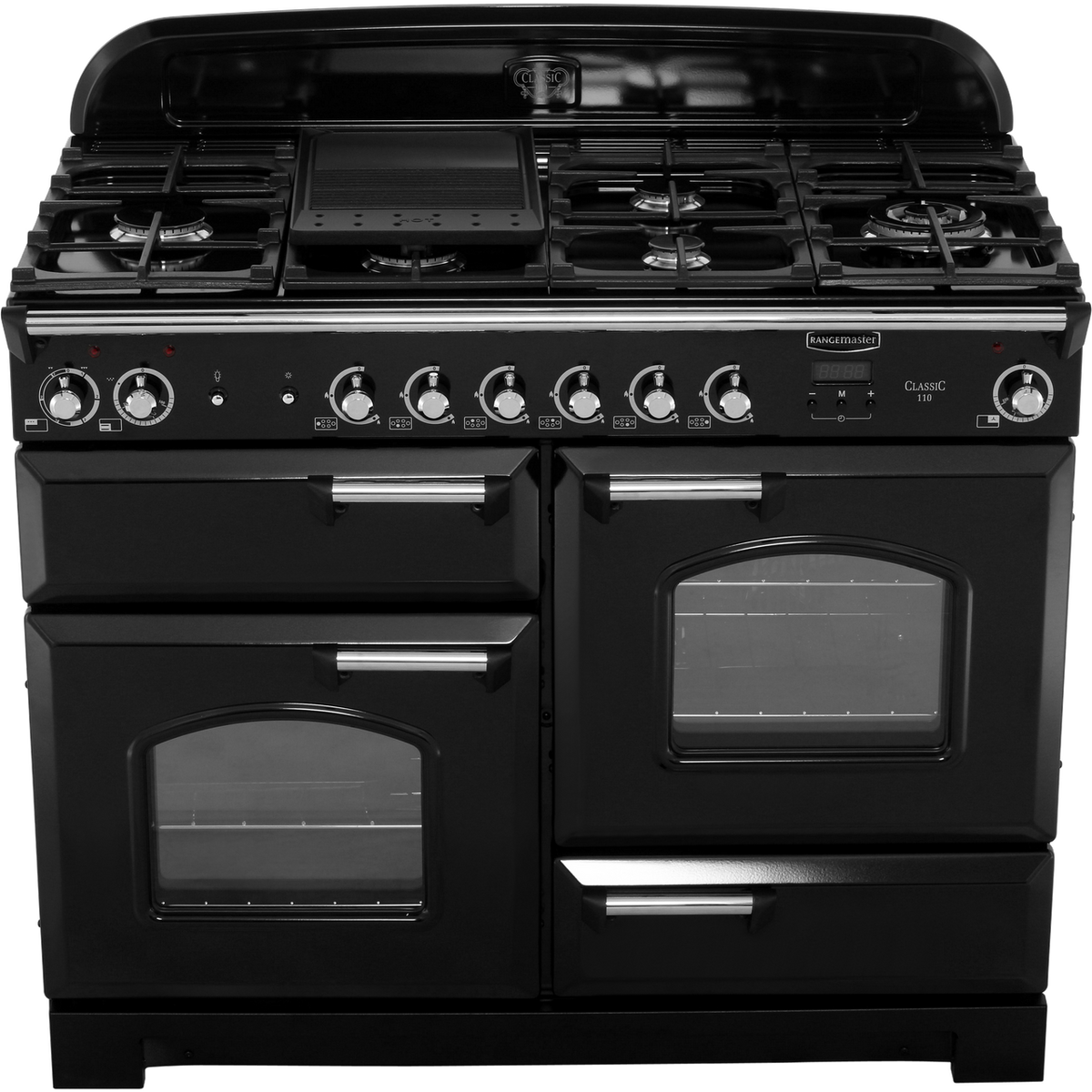 Rangemaster Classic CLA110DFFBL-C 110cm Dual Fuel Range Cooker - Black - Chrome - A-A Rated