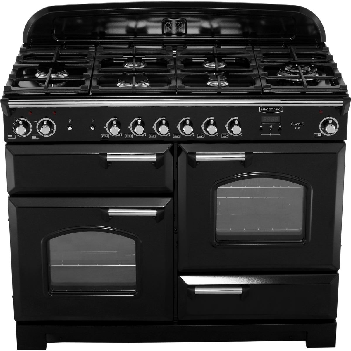 Rangemaster Classic CLA110DFFBL-C 110cm Dual Fuel Range Cooker - Black - Chrome - A-A Rated