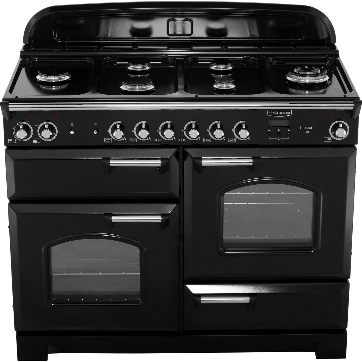 Rangemaster Classic CLA110DFFBL-C 110cm Dual Fuel Range Cooker - Black - Chrome - A-A Rated