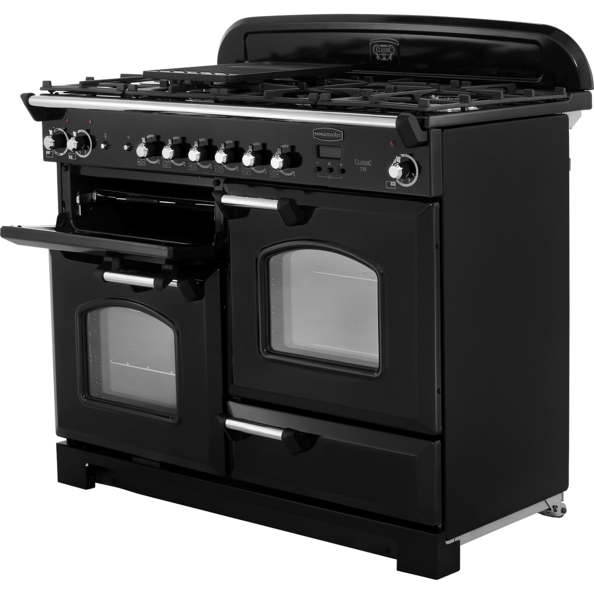 Rangemaster Classic CLA110DFFBL-C 110cm Dual Fuel Range Cooker - Black - Chrome - A-A Rated