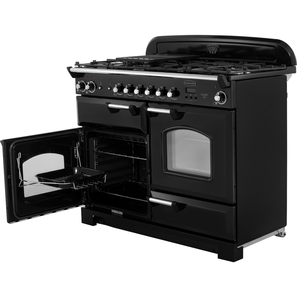 Rangemaster Classic CLA110DFFBL-C 110cm Dual Fuel Range Cooker - Black - Chrome - A-A Rated