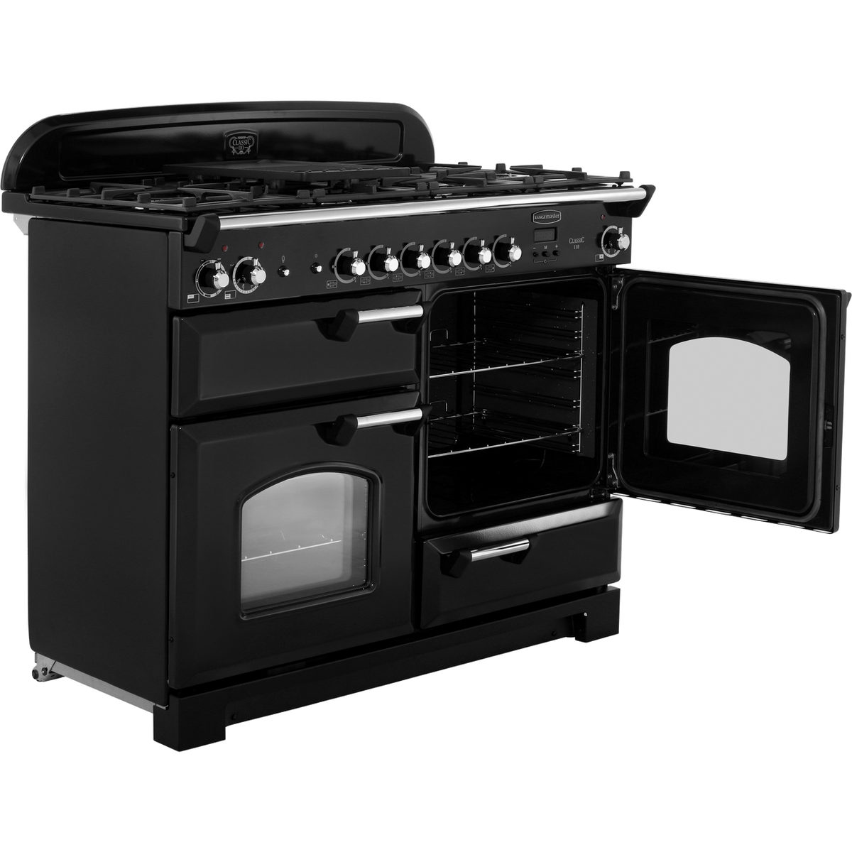 Rangemaster Classic CLA110DFFBL-C 110cm Dual Fuel Range Cooker - Black - Chrome - A-A Rated