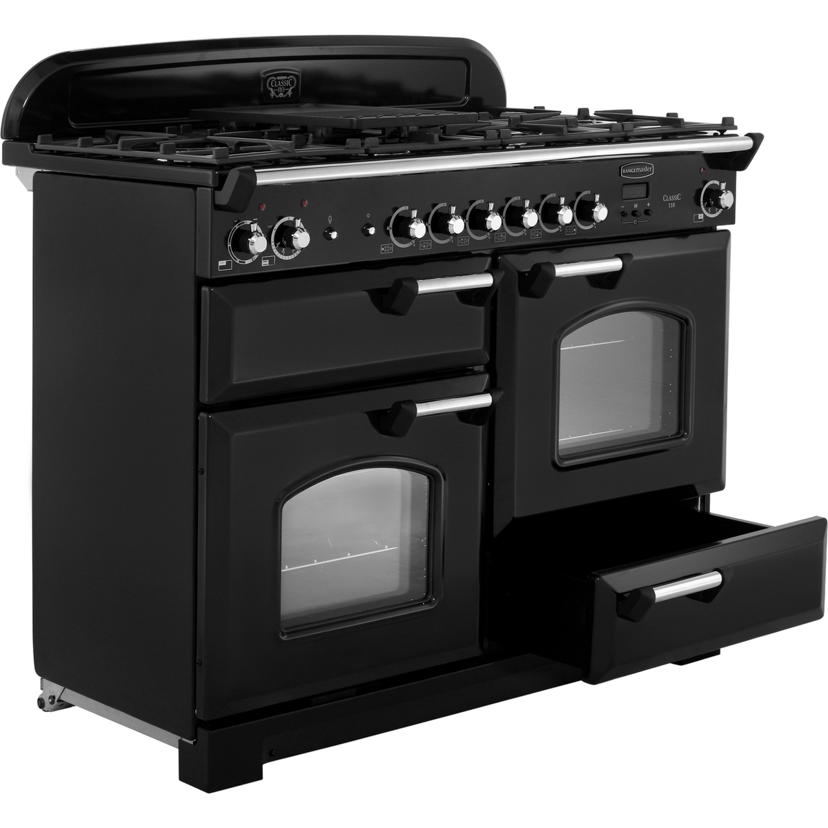 Rangemaster Classic CLA110DFFBL-C 110cm Dual Fuel Range Cooker - Black - Chrome - A-A Rated