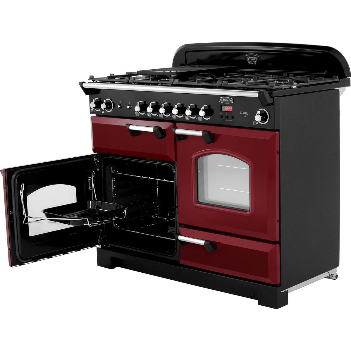 Rangemaster Classic CLA110NGFCY-C 110cm Gas Range Cooker - Cranberry - Chrome - A+-A+ Rated