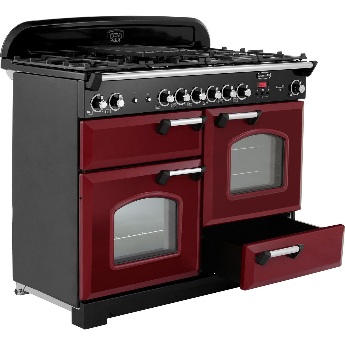 Rangemaster Classic CLA110NGFCY-C 110cm Gas Range Cooker - Cranberry - Chrome - A+-A+ Rated