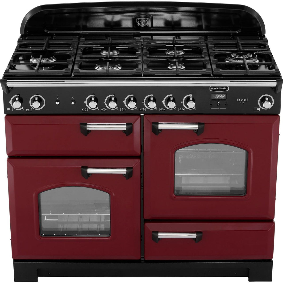 Rangemaster Classic CLA110NGFCY-C 110cm Gas Range Cooker - Cranberry - Chrome - A+-A+ Rated