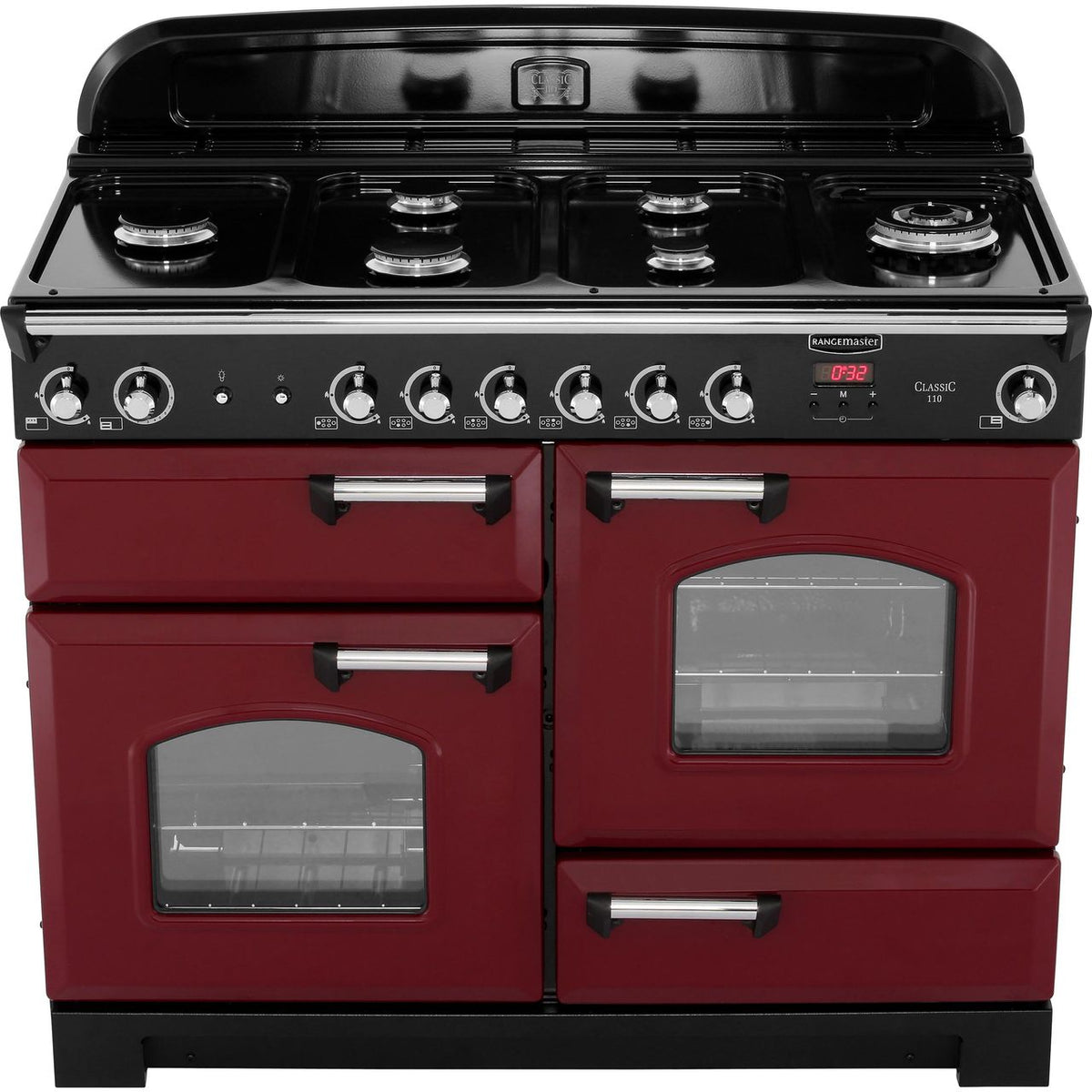 Rangemaster Classic CLA110NGFCY-C 110cm Gas Range Cooker - Cranberry - Chrome - A+-A+ Rated