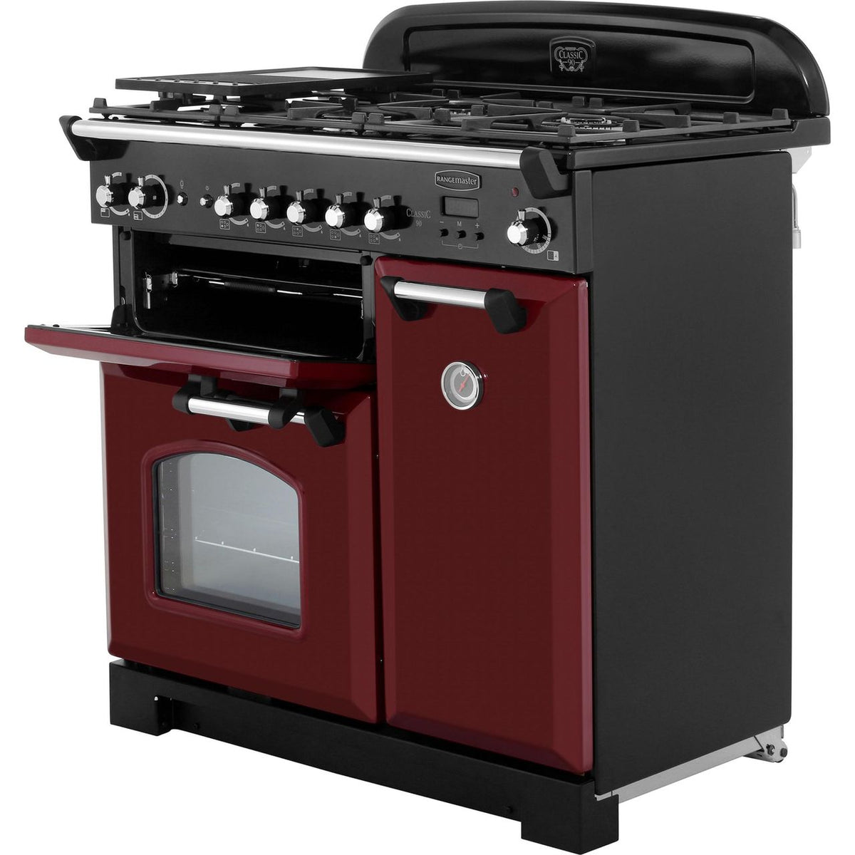 Rangemaster Classic CLA90NGFCY-C 90cm Gas Range Cooker with Electric Fan Oven - Cranberry - Chrome - A+-A Rated